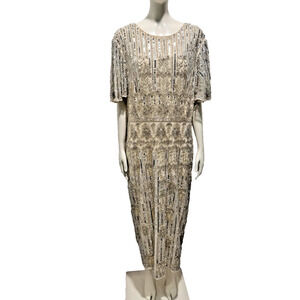 Mac Duggal Gown Maxi Dress Sz 16 Silver Embellished Luxury Evening 16 NWT Beaded